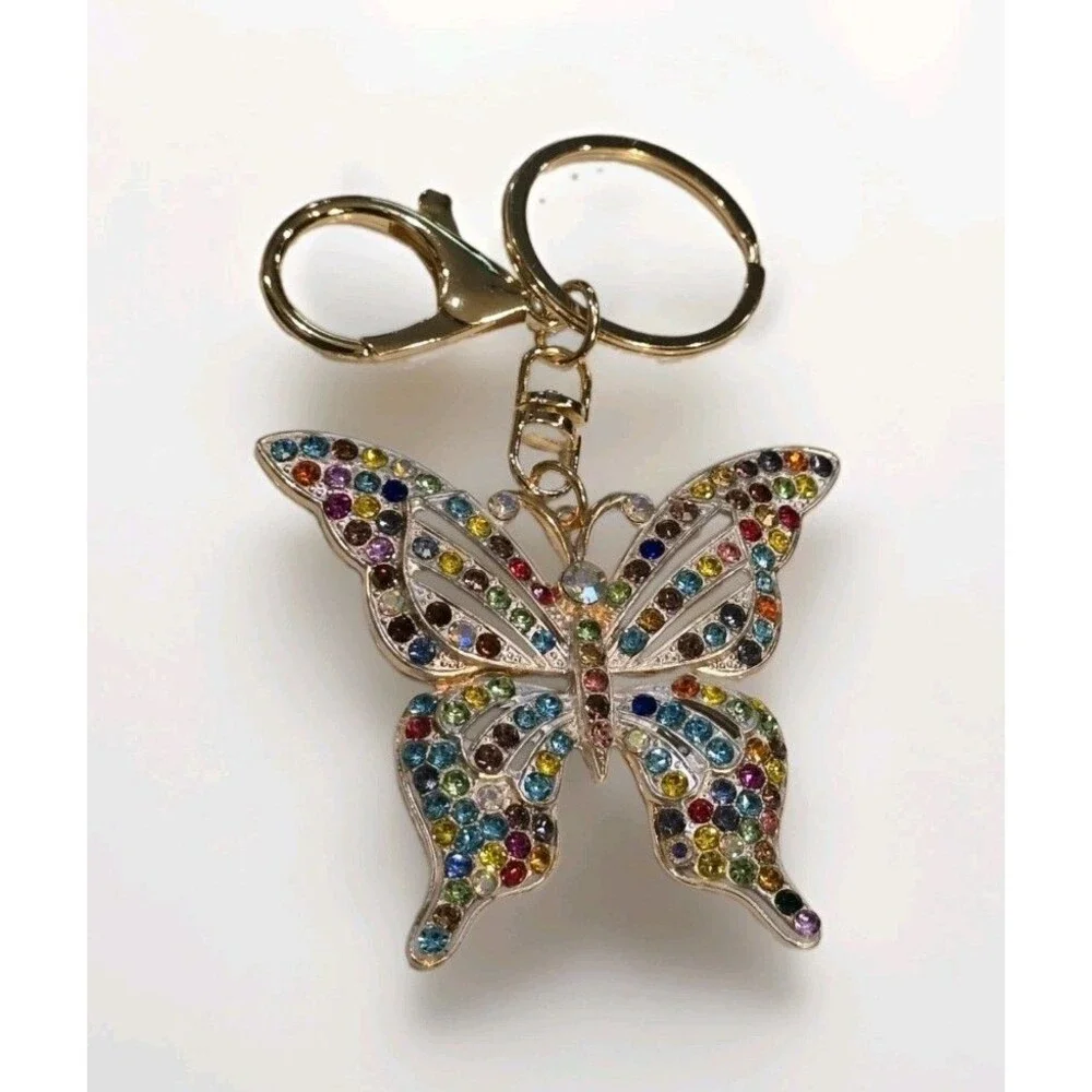 Multicolor Rhinestone Butterfly Purse Charm Keychain Gold Tone #1395